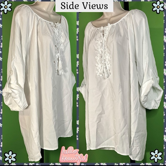 NWT WHITE LIGHTWEIGHT BLOUSE W FLORAL APPLIQUÉ &TASSEL TIESFITS CLOSER TO 3X - Picture 2 of 13